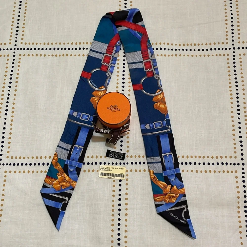 Hermes Blue Red Black Silk Twilly Scarf with Gold Accents - Picture 5 of 6
